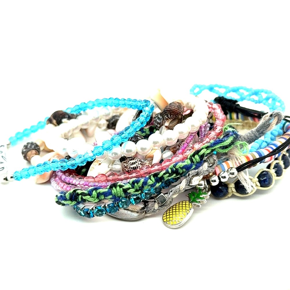 Boho Bracelet Lot 14pc Beaded Shell Woven Friendship Stack Be Happy Pineapple